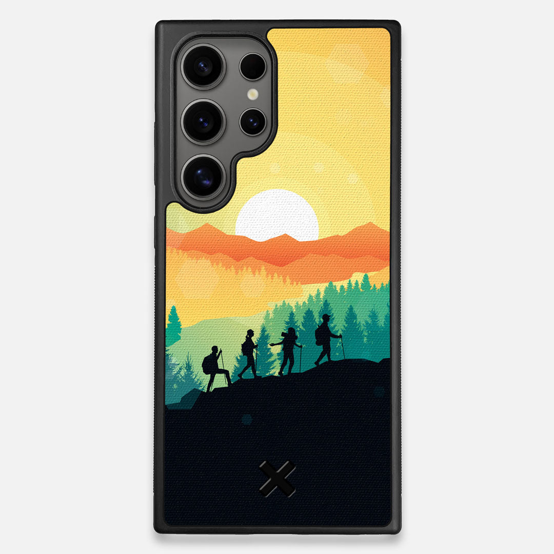 Front view of the stylized group of travellers on an expedition in the mountains printed to cotton canvas Galaxy S24 Ultra Case by Keyway Designs