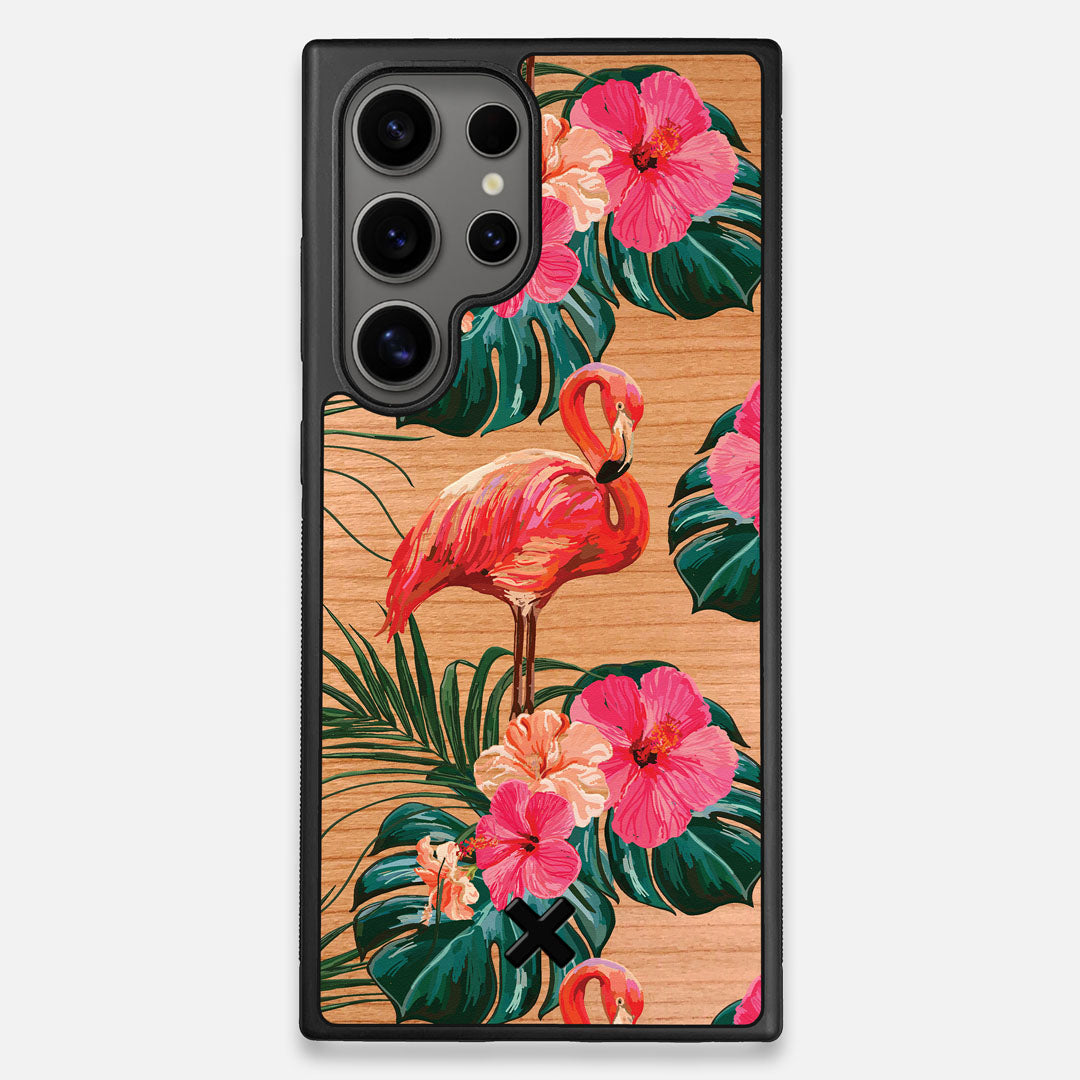 Front view of the Flamingo & Floral printed Cherry Wood Galaxy S24 Ultra Case by Keyway Designs