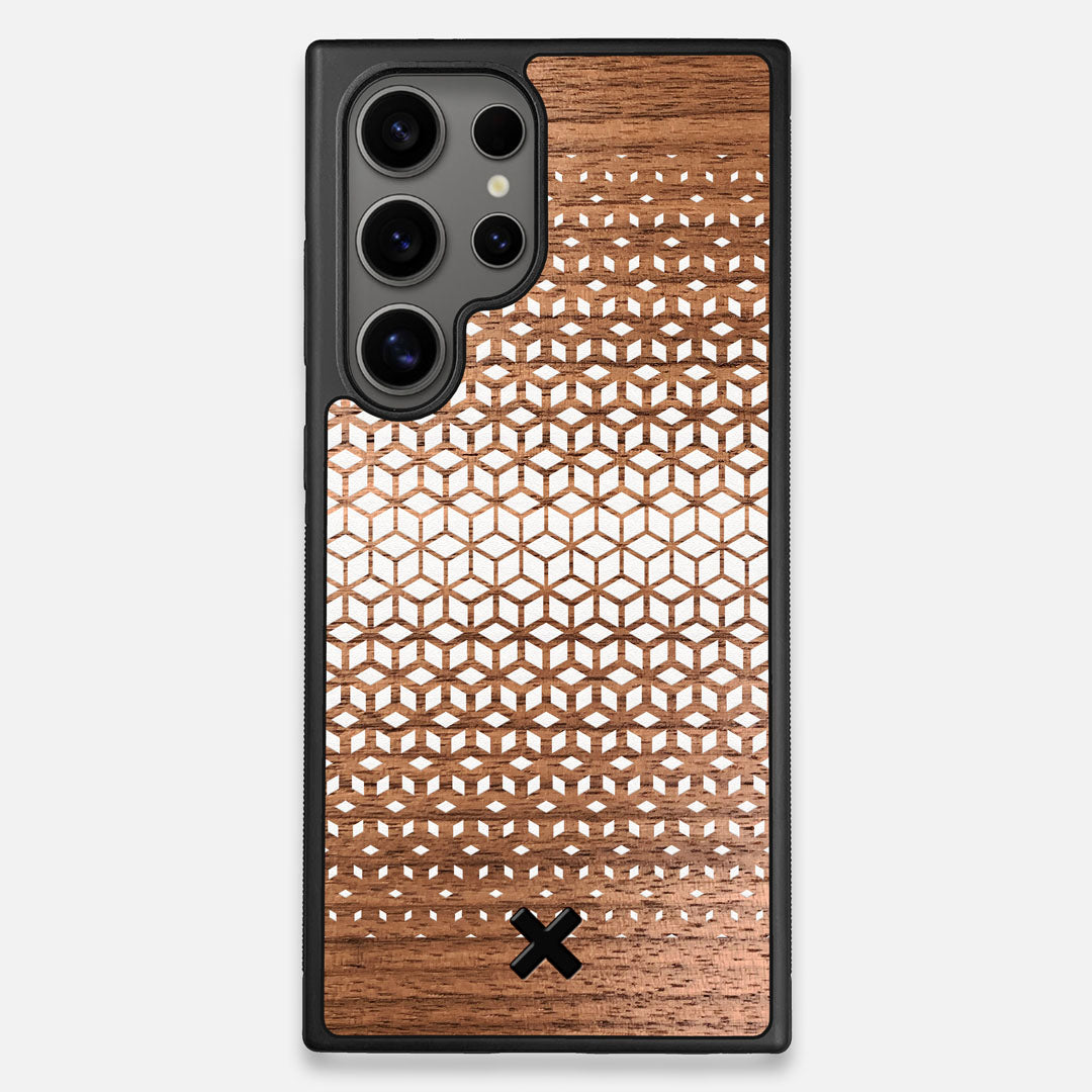Front view of the white ink geometric gradient printed on Walnut wood Galaxy S24 Ultra Case by Keyway Designs