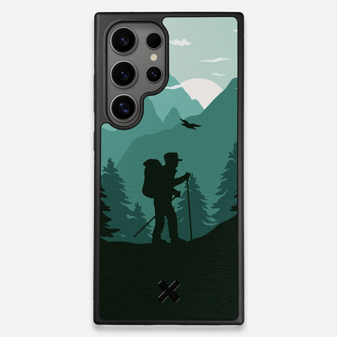 Front view of the stylized mountain hiker print on Wenge wood Galaxy S24 Ultra Case by Keyway Designs