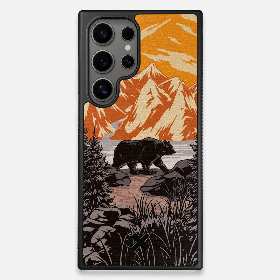 Front view of the stylized Kodiak bear in the mountains print on Wenge wood Galaxy S24 Ultra Case by Keyway Designs