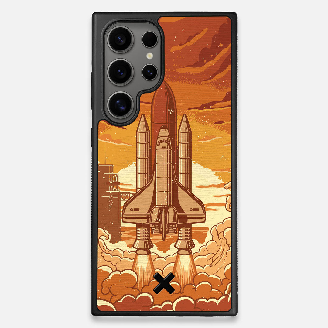 Front view of the vibrant stylized space shuttle launch print on Wenge wood Galaxy S24 Ultra Case by Keyway Designs