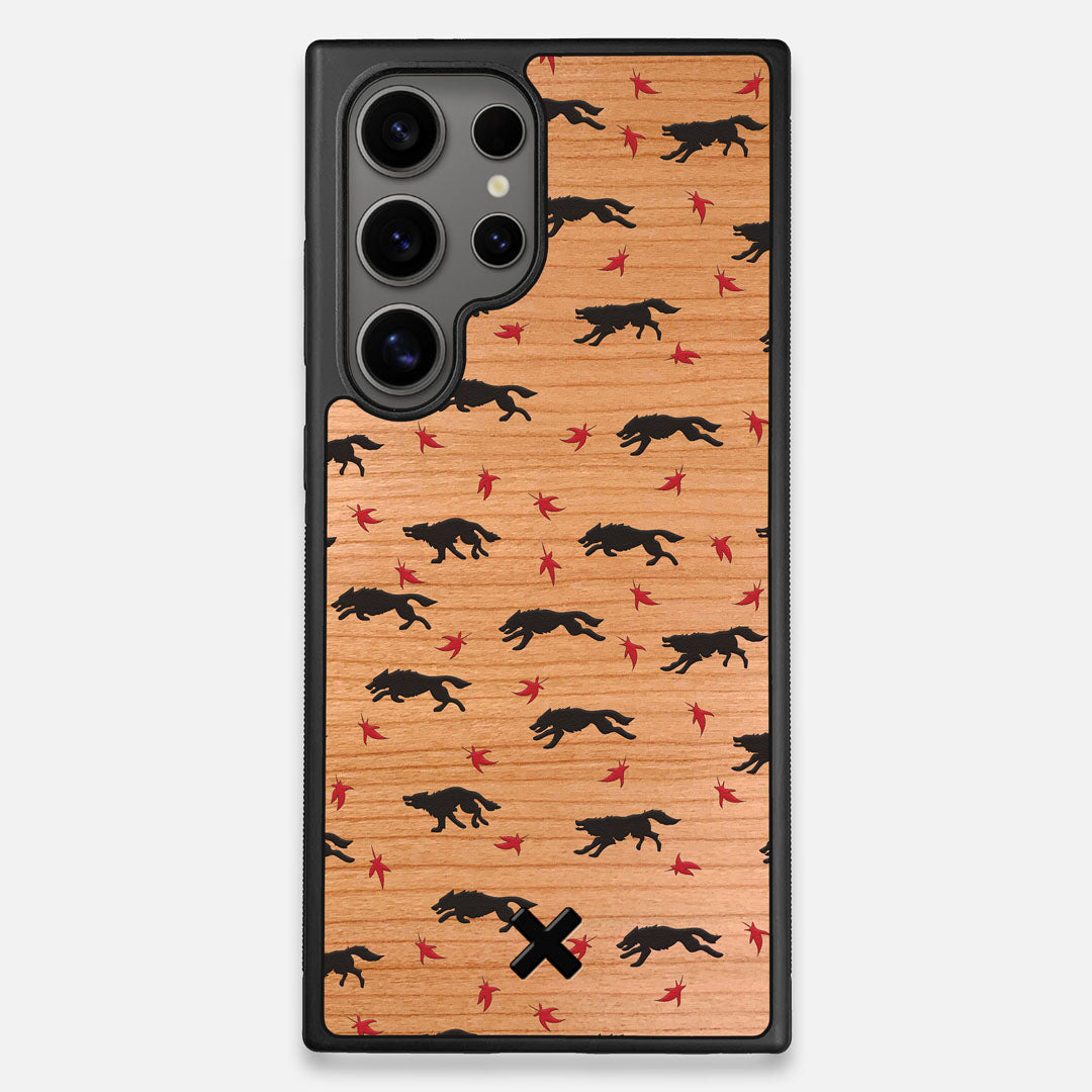 Front view of the unique pattern of wolves and Maple leaves printed on Cherry wood Galaxy S24 Ultra Case by Keyway Designs