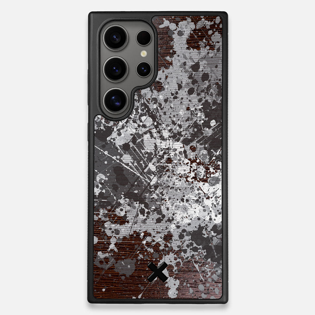 Front view of the aggressive, monochromatic splatter pattern overprintedprinted Wenge Wood Galaxy S24 Ultra Case by Keyway Designs