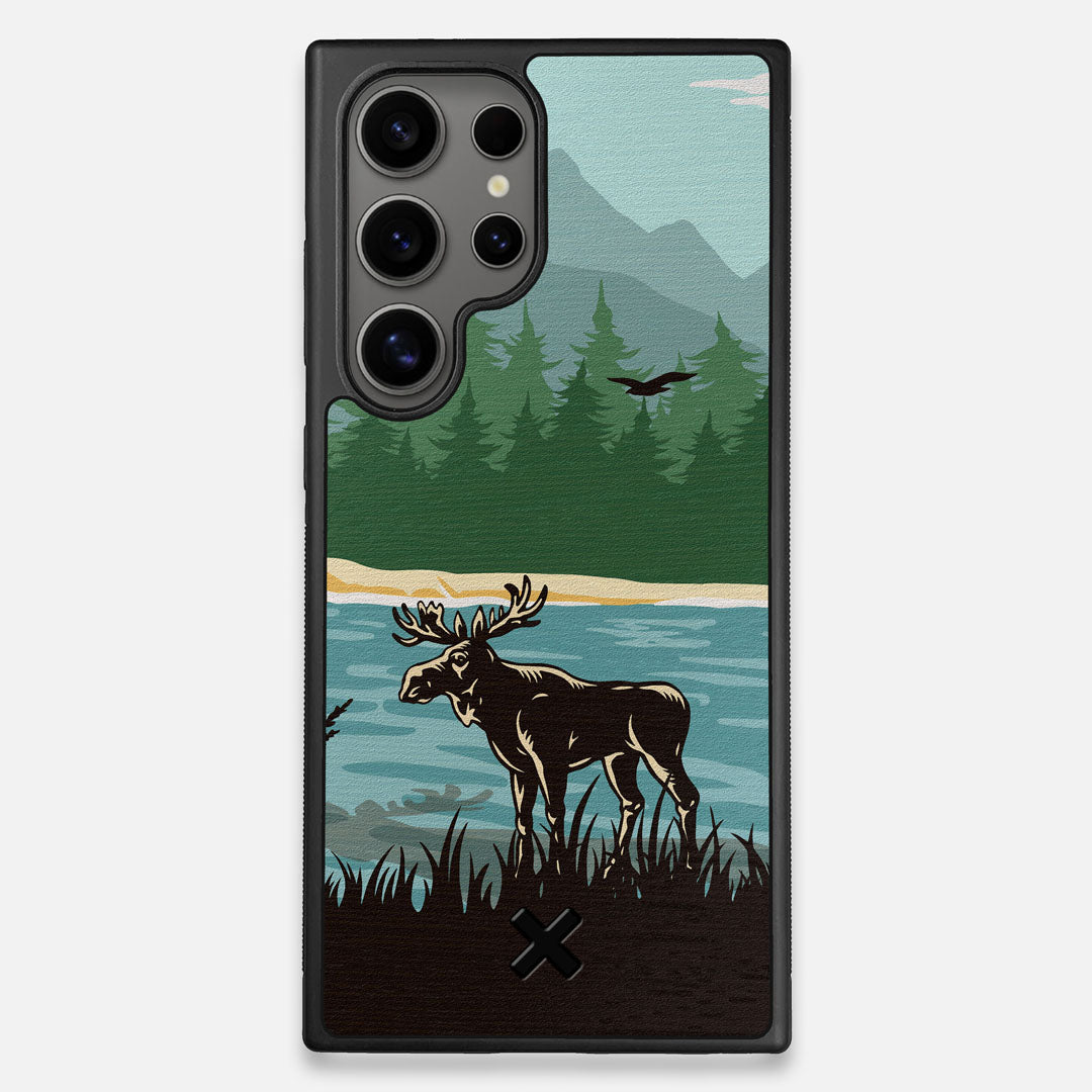 Front view of the stylized bull moose forest print on Wenge wood Galaxy S24 Ultra Case by Keyway Designs