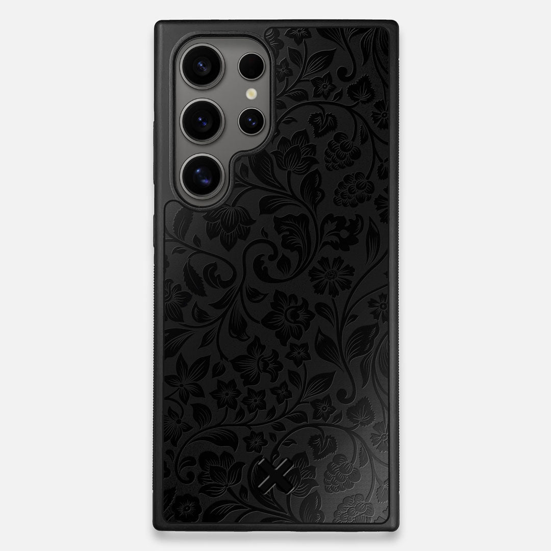 Front view of the highly detailed midnight floral engraving on matte black impact acrylic Galaxy S24 Ultra Case by Keyway Designs