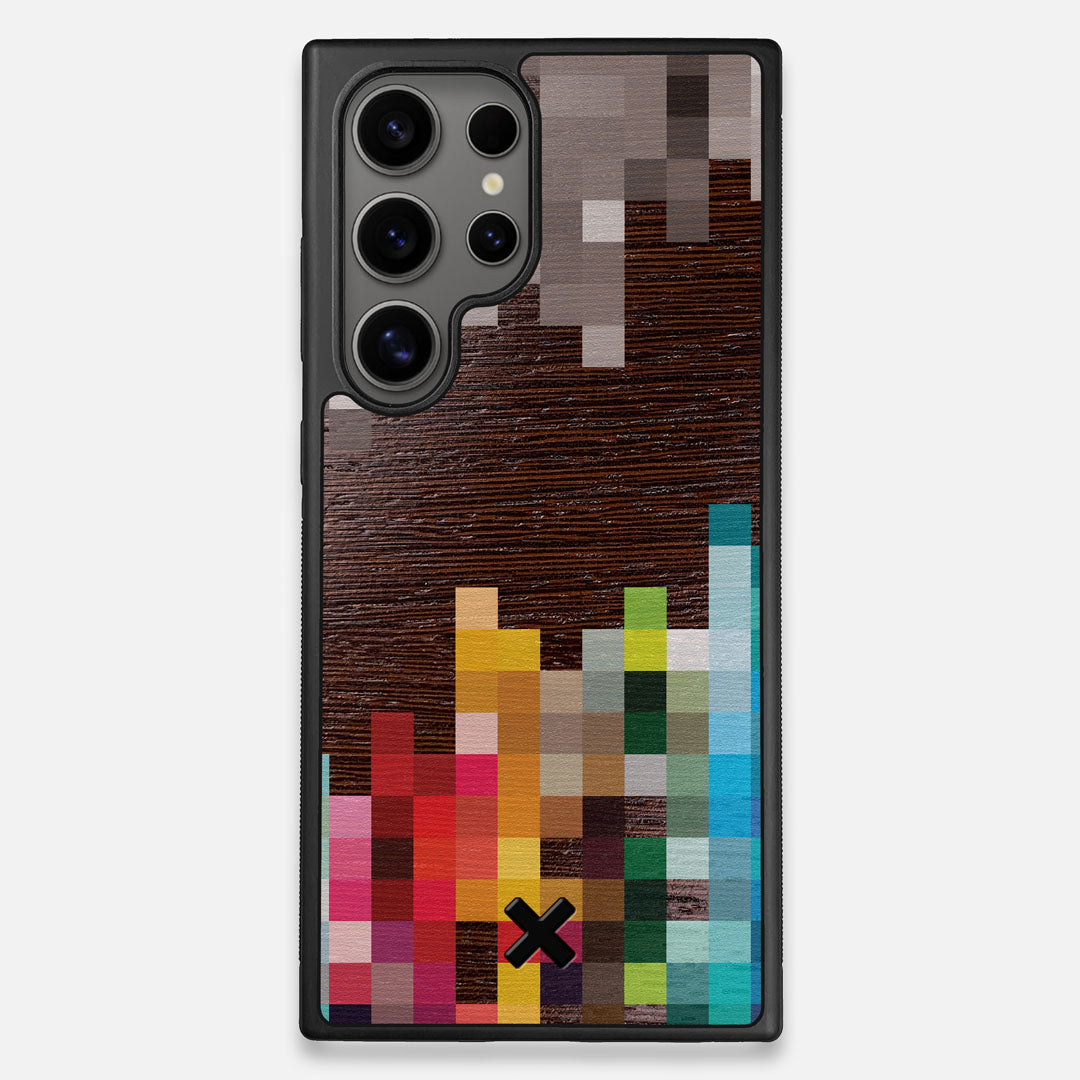 Front view of the digital art inspired pixelation design on Wenge wood Galaxy S24 Ultra Case by Keyway Designs