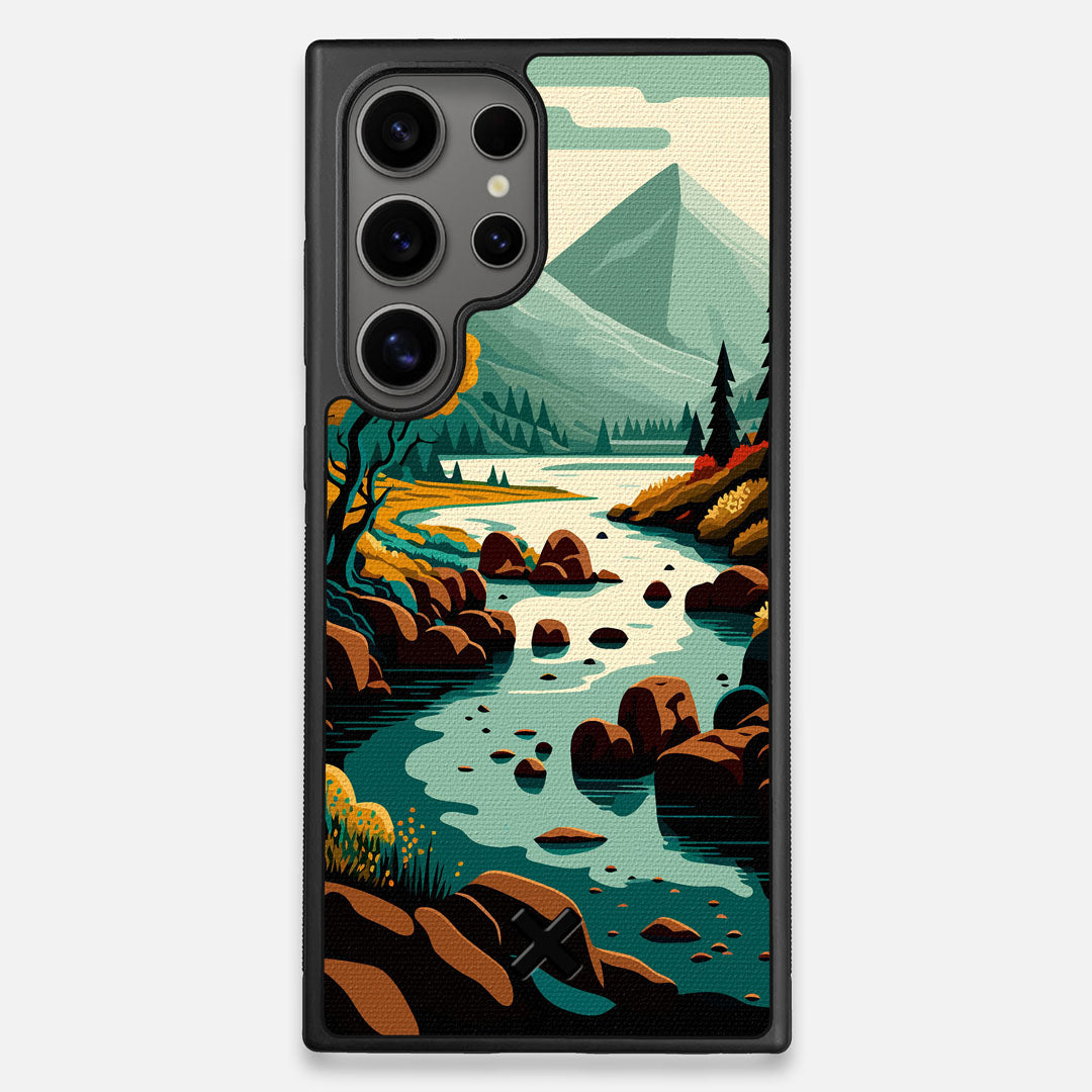Front view of the stylized calm river flowing towards a lake at the base of the mountains printed to cotton canvas Galaxy S24 Ultra Case by Keyway Designs