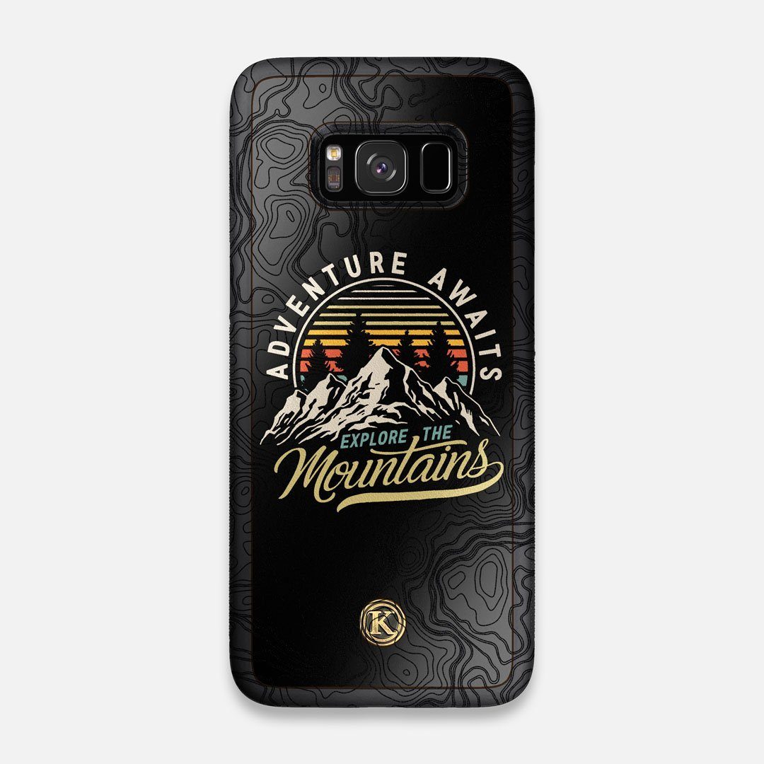 Front view of the crisp topographical map with Explorer badge printed on matte black impact acrylic Galaxy S8 Case by Keyway Designs