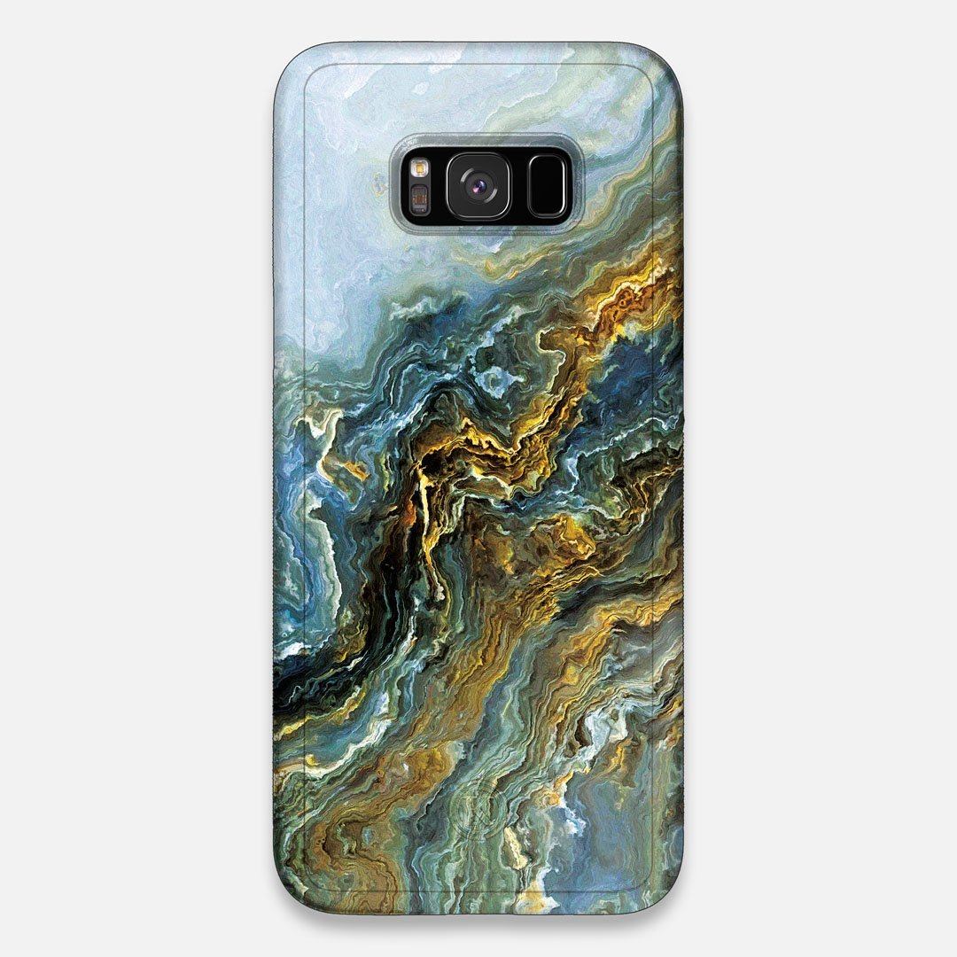 Front view of the vibrant and rich Blue & Gold flowing marble pattern printed Wenge Wood Galaxy S8+ Case by Keyway Designs