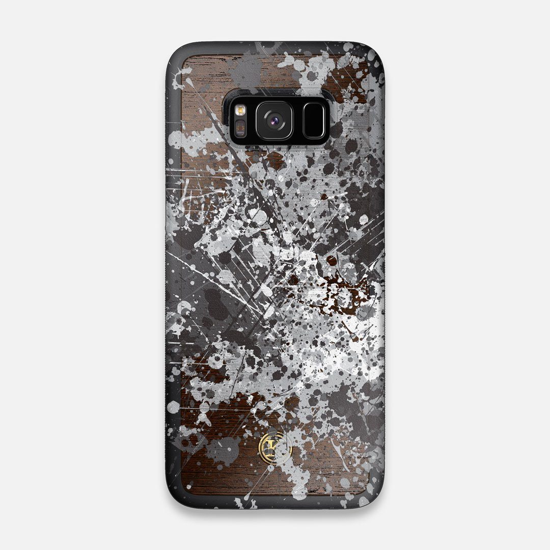 Front view of the aggressive, monochromatic splatter pattern overprintedprinted Wenge Wood Galaxy S8 Case by Keyway Designs