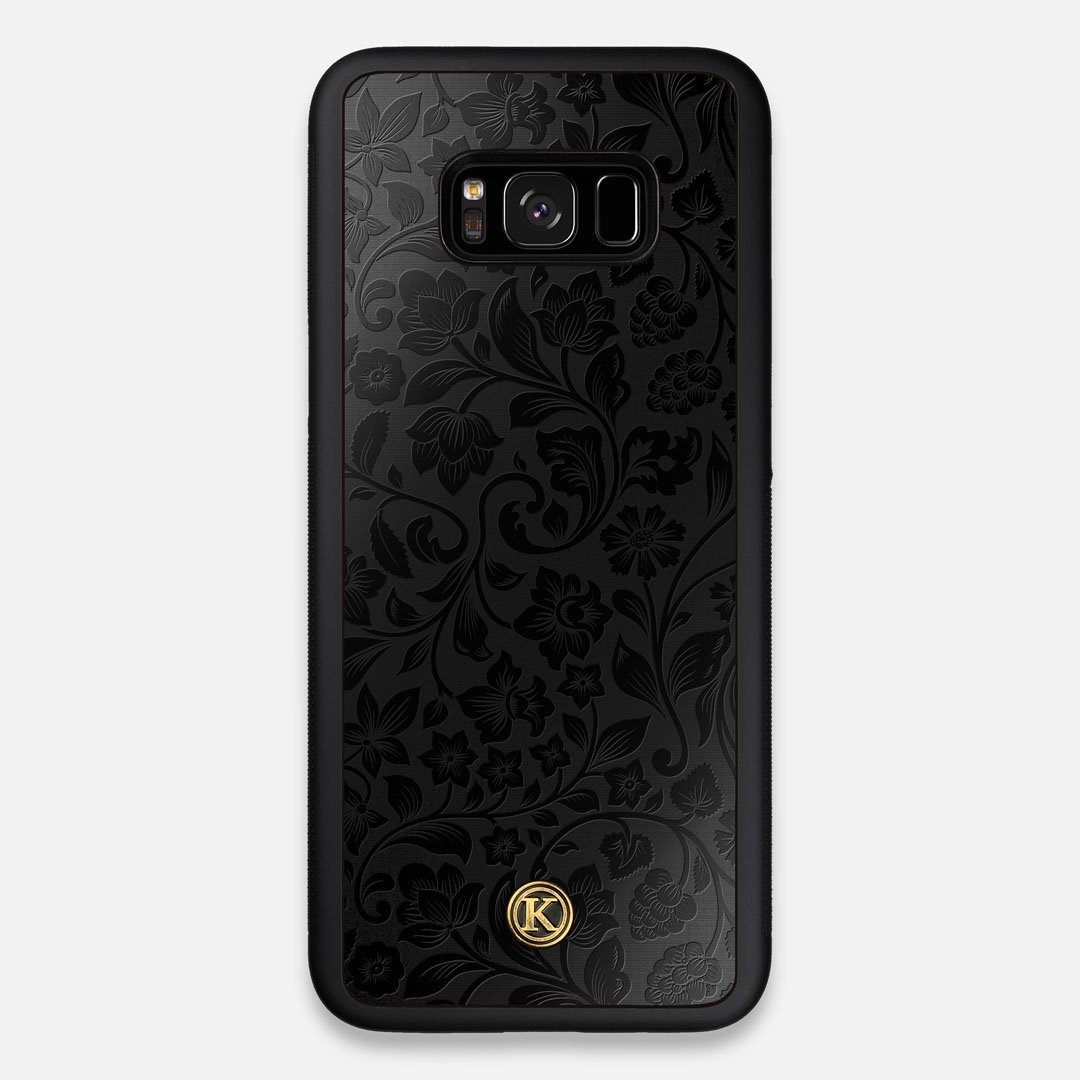 Front view of the highly detailed midnight floral engraving on matte black impact acrylic Galaxy S8+ Case by Keyway Designs