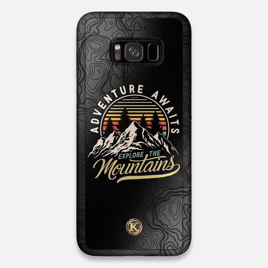 Front view of the crisp topographical map with Explorer badge printed on matte black impact acrylic Galaxy S8+ Case by Keyway Designs