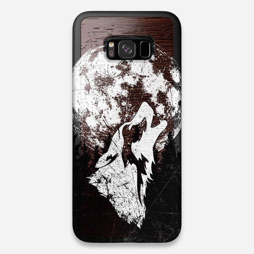 Front view of the high-contrast howling wolf on a full moon printed on a Wenge Wood Galaxy S8+ Case by Keyway Designs