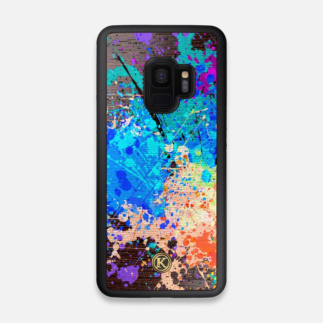 Front view of the realistic paint splatter 'Chroma' printed Wenge Wood Galaxy S9 Case by Keyway Designs