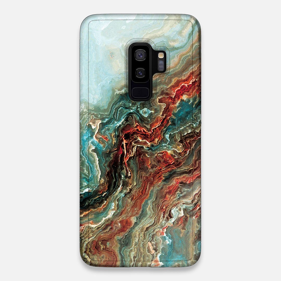 Front view of the vibrant and rich Red & Green flowing marble pattern printed Wenge Wood Galaxy S9+ Case by Keyway Designs