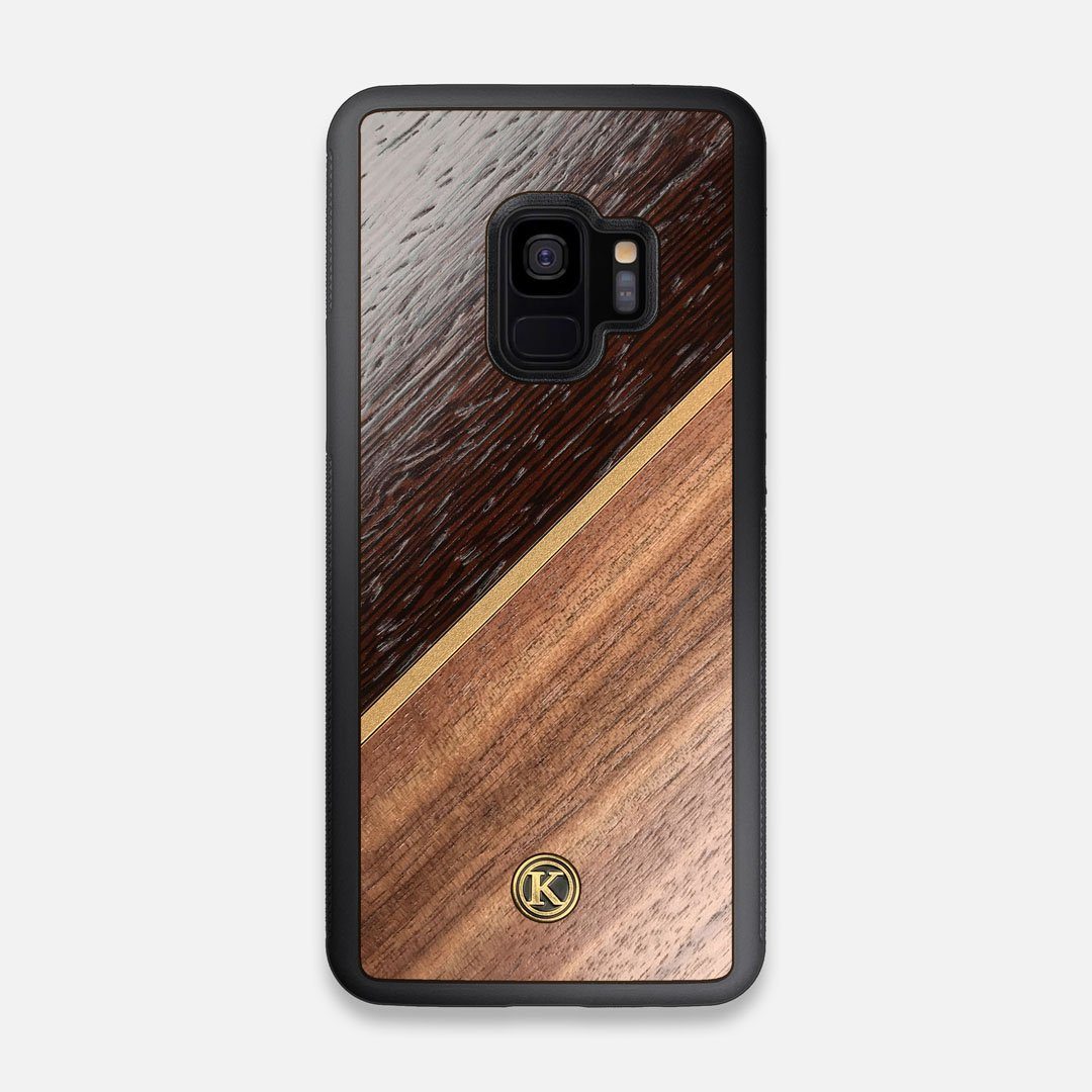 Front view of the Alium Walnut, Gold, and Wenge Elegant Wood Galaxy S9 Case by Keyway Designs