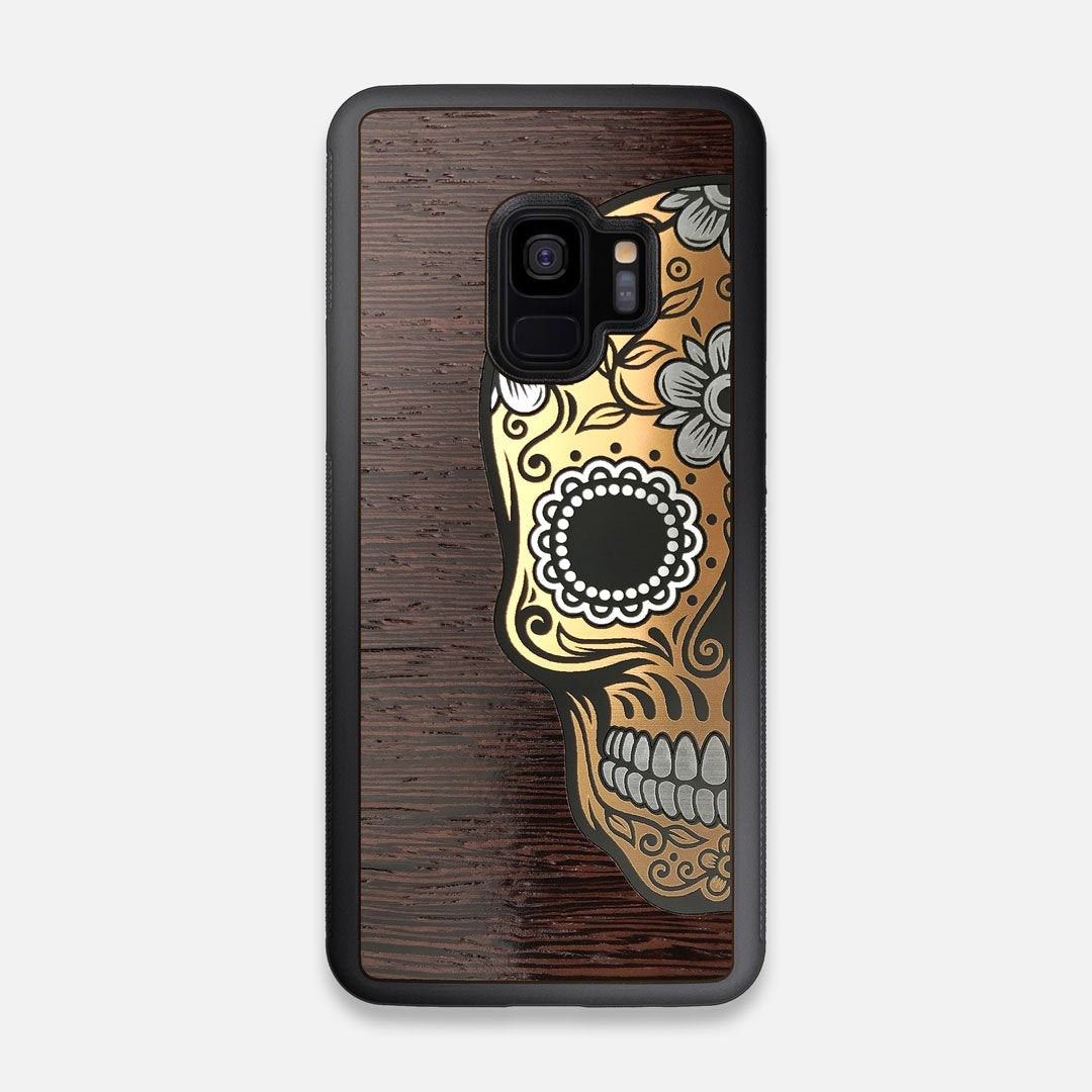 Front view of the Calavera Wood Sugar Skull Wood Galaxy S9 Case by Keyway Designs