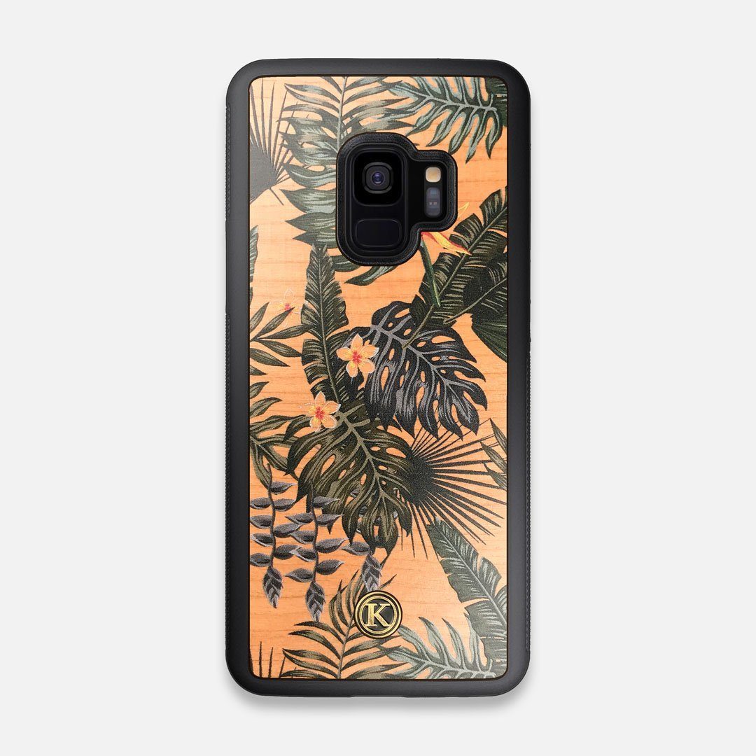 Front view of the Floral tropical leaf printed Cherry Wood Galaxy S9 Case by Keyway Designs