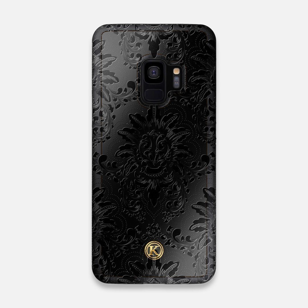 Front view of the detailed gloss Damask pattern printed on matte black impact acrylic Galaxy S9 Case by Keyway Designs