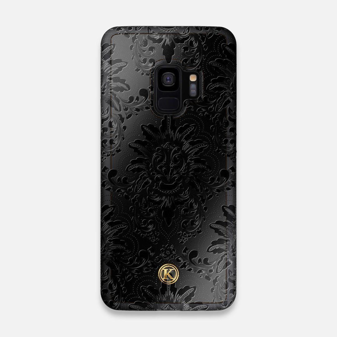 Front view of the detailed gloss Damask pattern printed on matte black impact acrylic Galaxy S9 Case by Keyway Designs