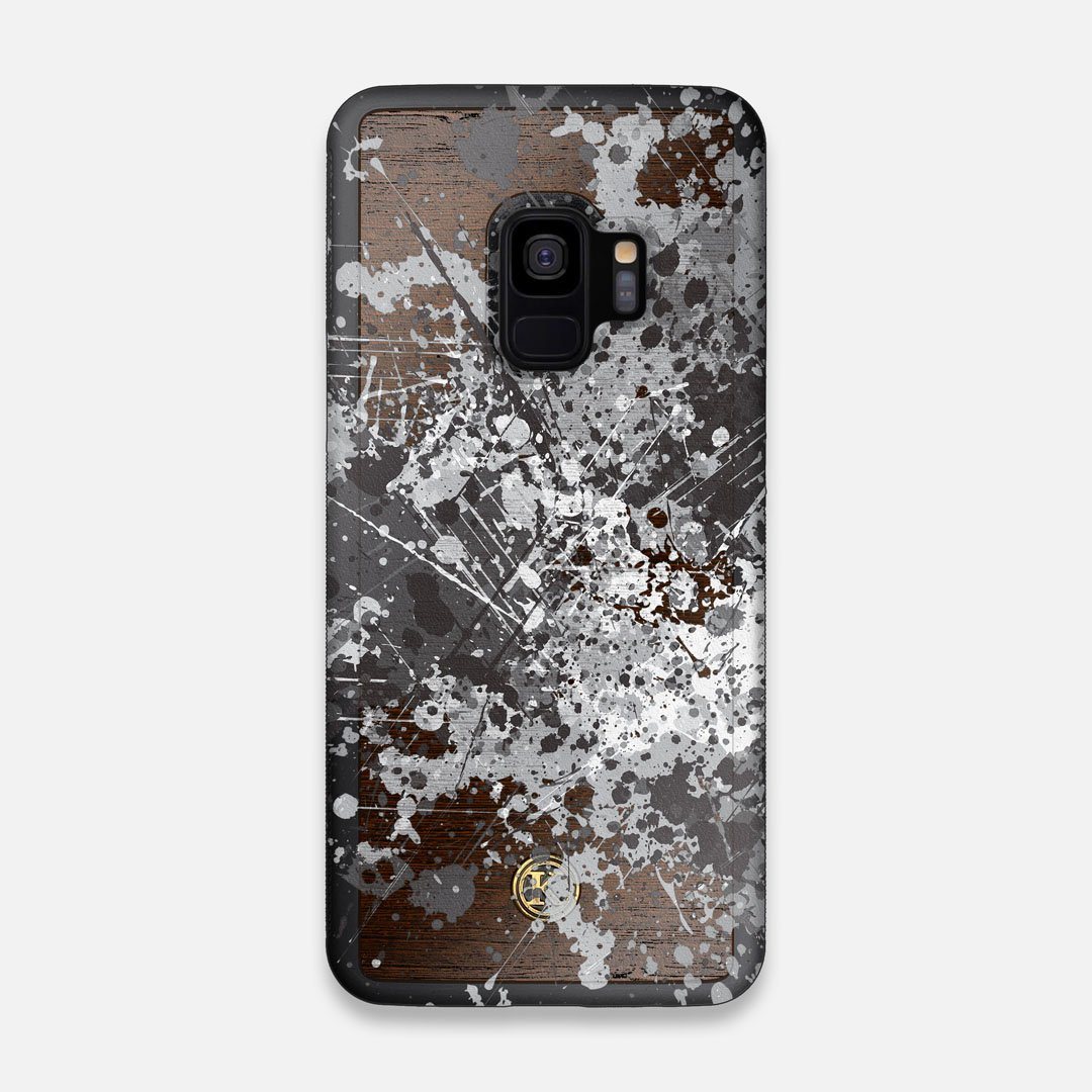 Front view of the aggressive, monochromatic splatter pattern overprintedprinted Wenge Wood Galaxy S9 Case by Keyway Designs
