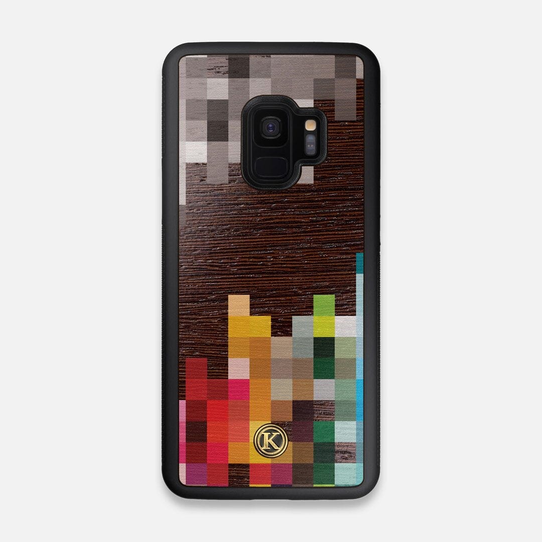 Front view of the digital art inspired pixelation design on Wenge wood Galaxy S9 Case by Keyway Designs