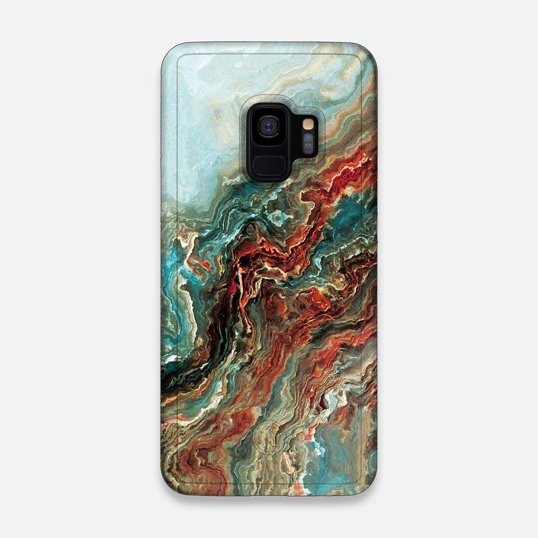 Front view of the vibrant and rich Red & Green flowing marble pattern printed Wenge Wood Galaxy S9 Case by Keyway Designs