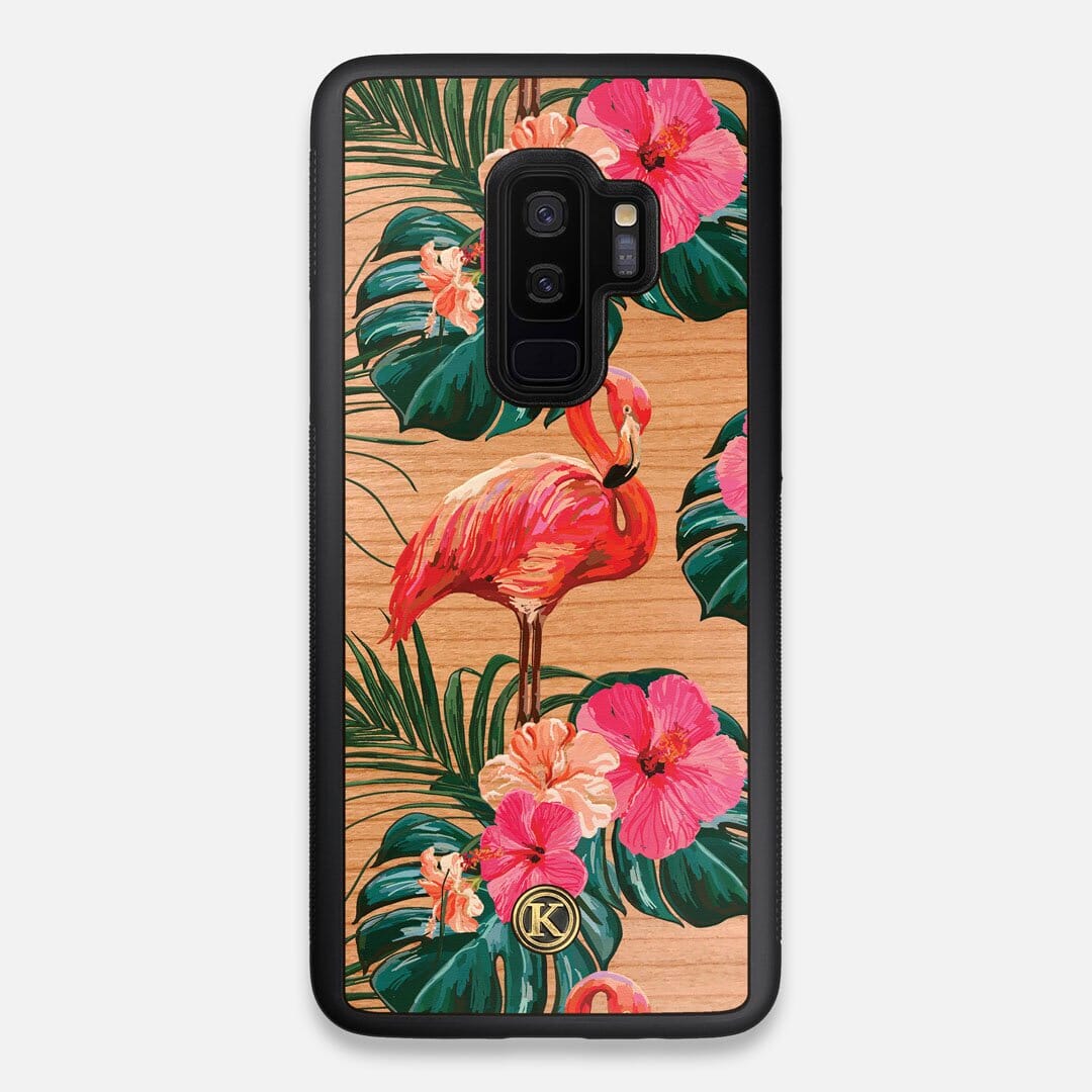 Front view of the Flamingo & Floral printed Cherry Wood Galaxy S9+ Case by Keyway Designs
