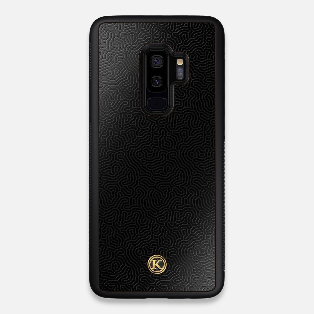 Front view of the highly detailed organic growth engraving on matte black impact acrylic Galaxy S9+ Case by Keyway Designs