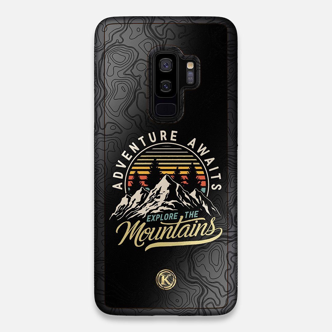 Front view of the crisp topographical map with Explorer badge printed on matte black impact acrylic Galaxy S9+ Case by Keyway Designs