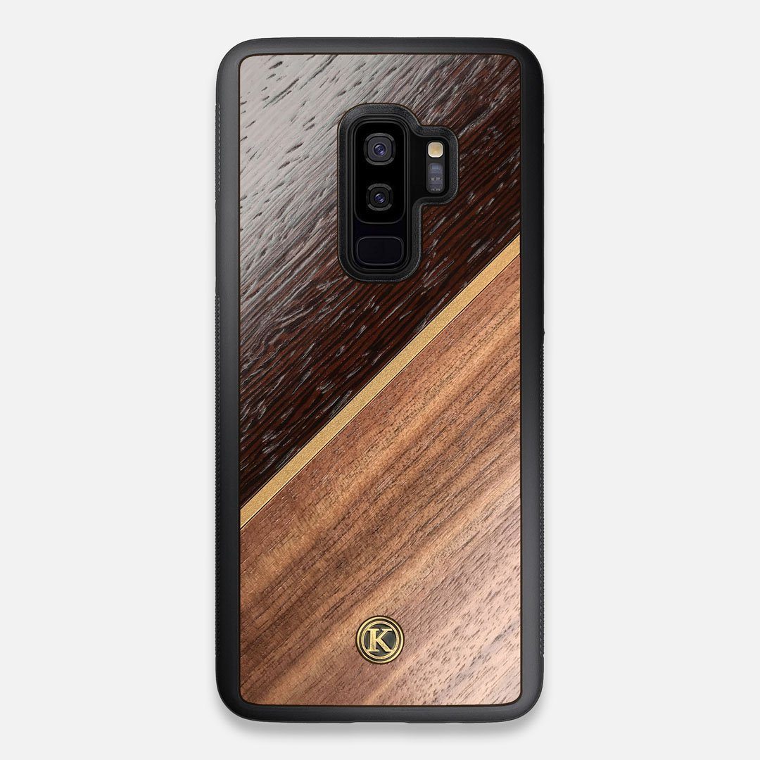 Front view of the Alium Walnut, Gold, and Wenge Elegant Wood Galaxy S9+ Case by Keyway Designs