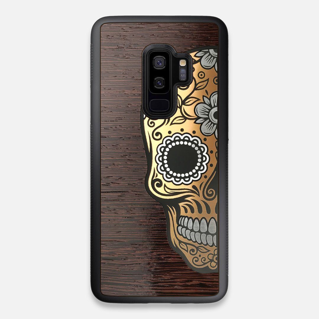 Front view of the Calavera Wood Sugar Skull Wood Galaxy S9+ Case by Keyway Designs