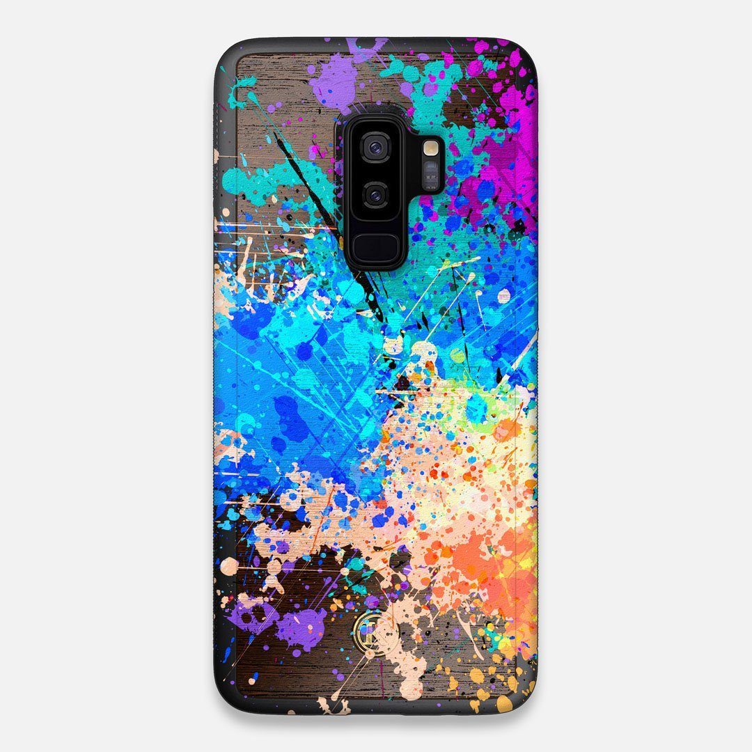 Front view of the realistic paint splatter 'Chroma' printed Wenge Wood Galaxy S9+ Case by Keyway Designs