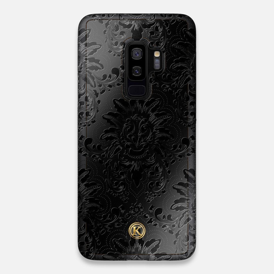 Front view of the detailed gloss Damask pattern printed on matte black impact acrylic Galaxy S9+ Case by Keyway Designs