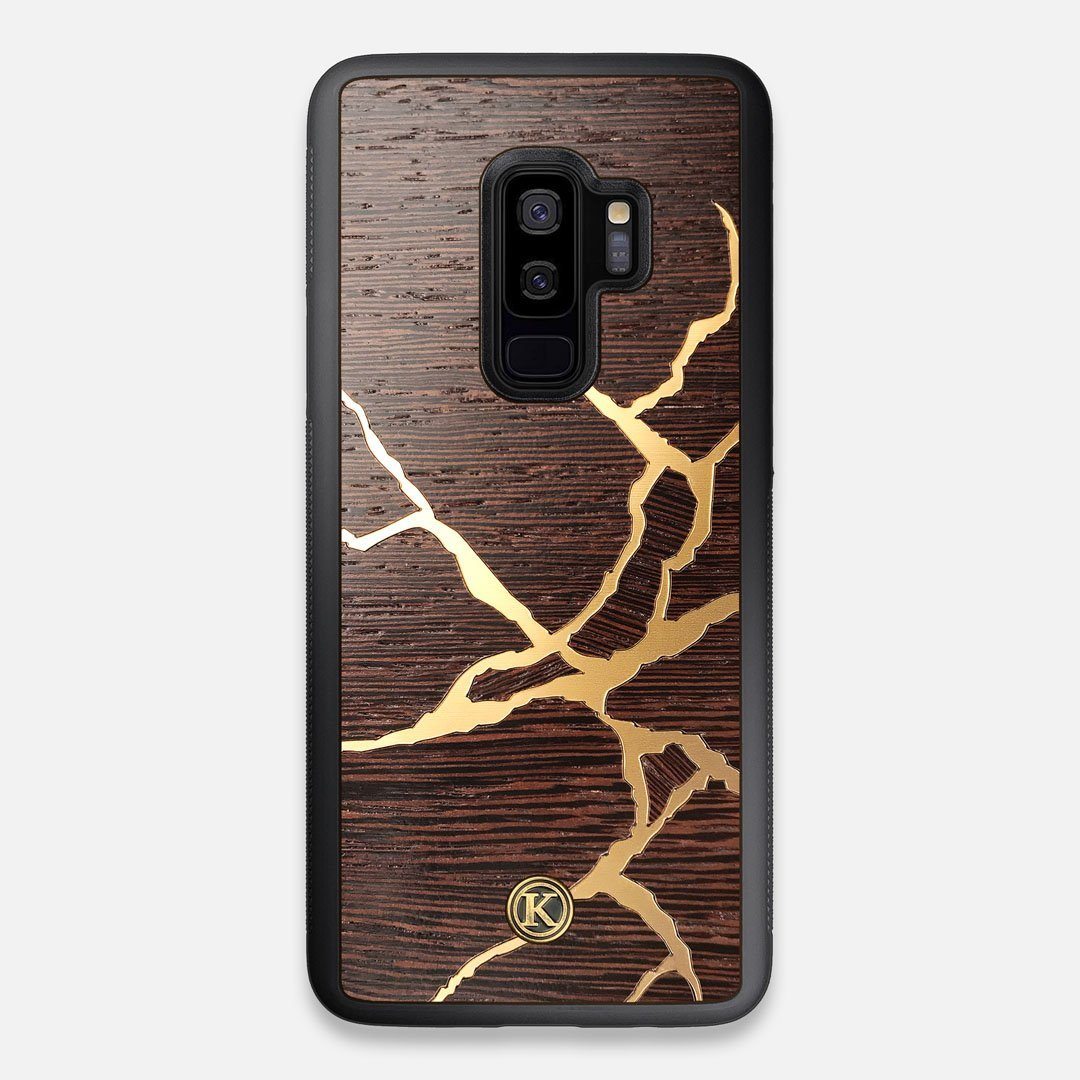 Front view of the Kintsugi inspired Gold and Wenge Wood Galaxy S9+ Case by Keyway Designs