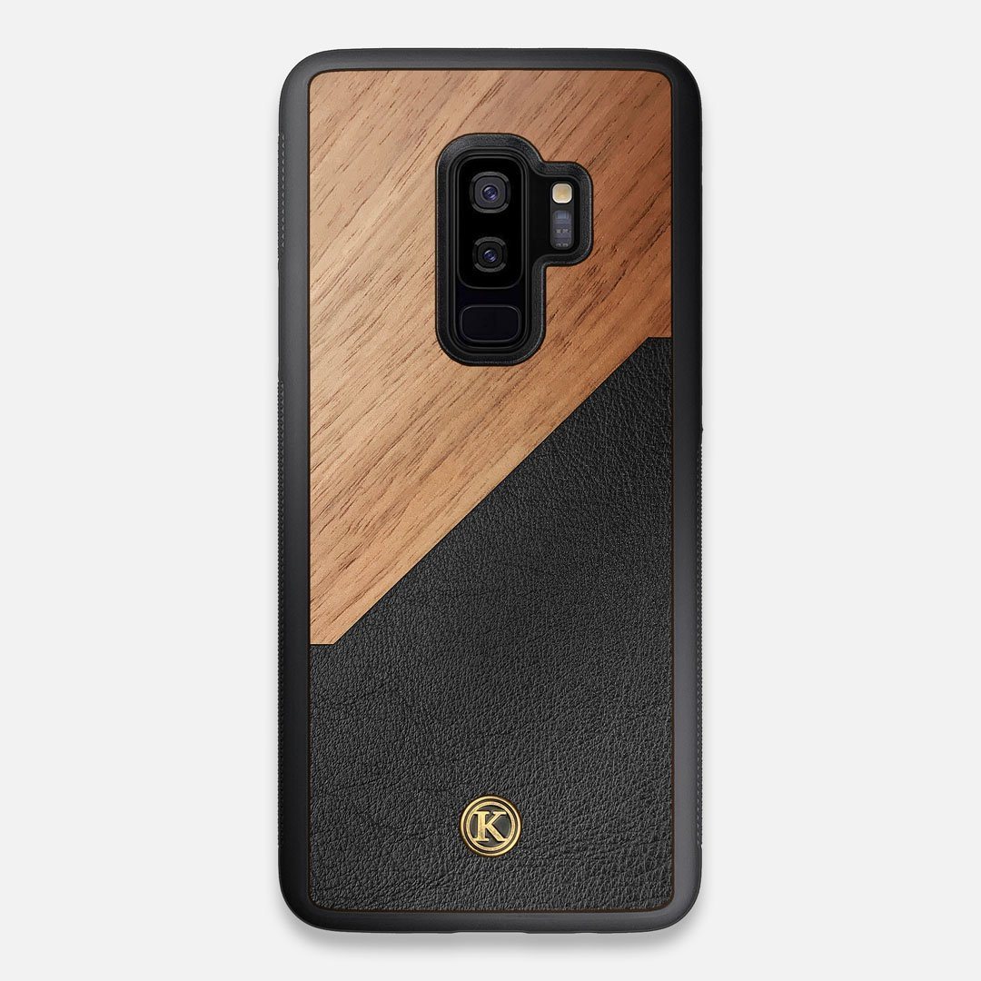 Front view of the Walnut Rift Elegant Wood & Leather Galaxy S9+ Case by Keyway Designs