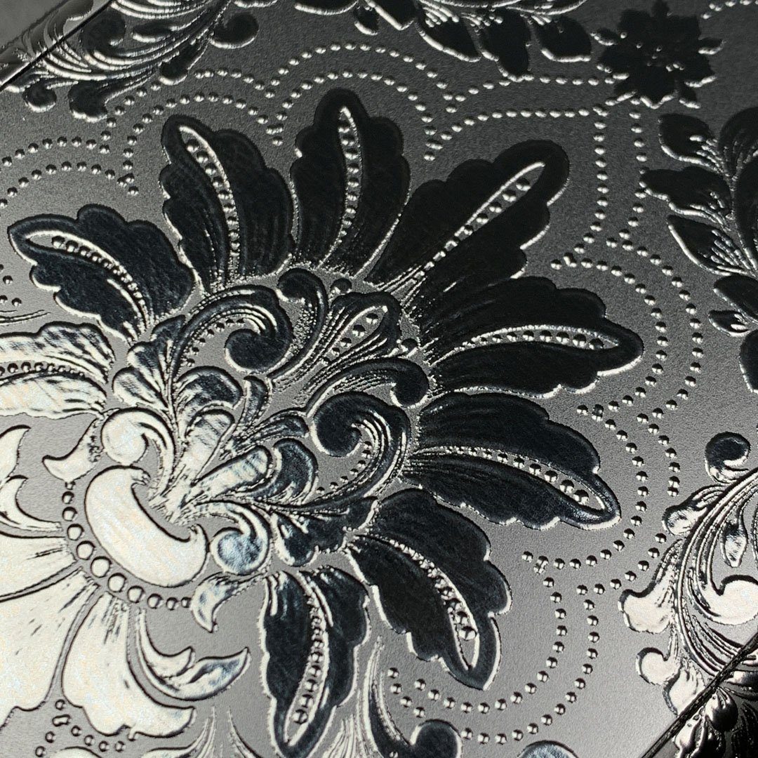 Zoomed in detailed shot of the detailed gloss Damask pattern printed on matte black impact acrylic Galaxy Note 20 Case by Keyway Designs