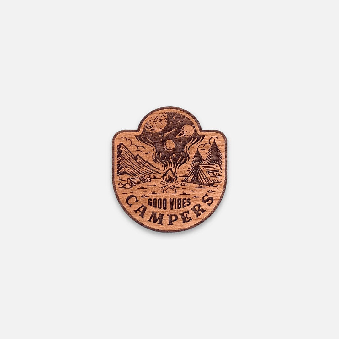 Good Vibes - Keyway Engraved Wooden Pin in Cherry, Front View