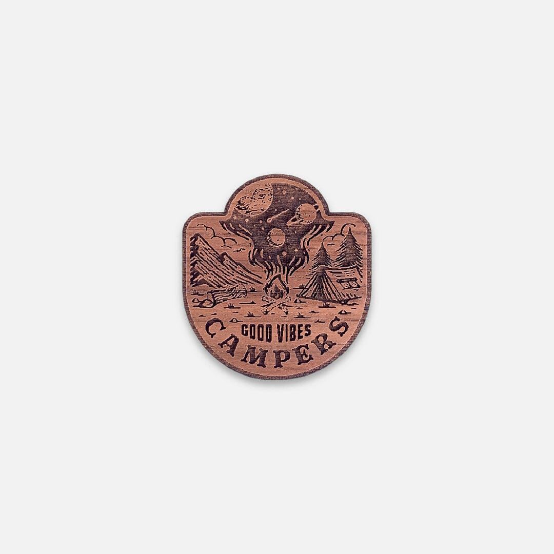 Good Vibes - Keyway Engraved Wooden Pin in Walnut, Front View