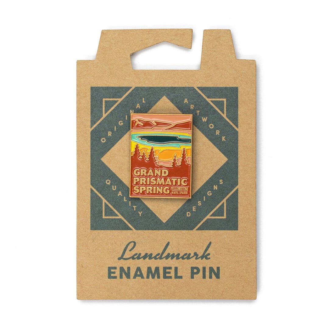 Grand Prismatic Spring Enamel Pin by The Landmark Project, Front Packaging View