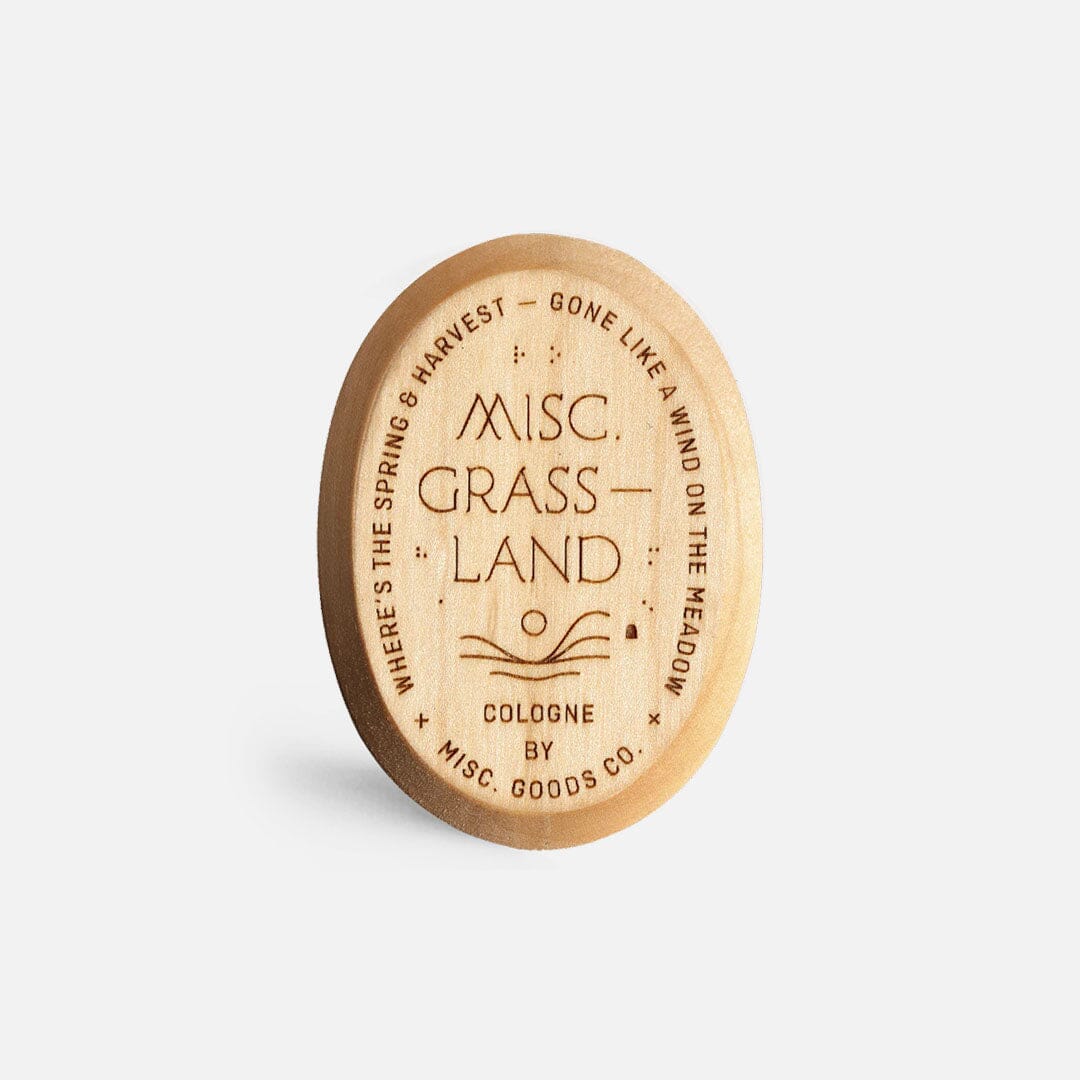 Back engraving of Misc Goods Co. Men's Solid Cologne Grassland in Solid Maple Case | Keyway