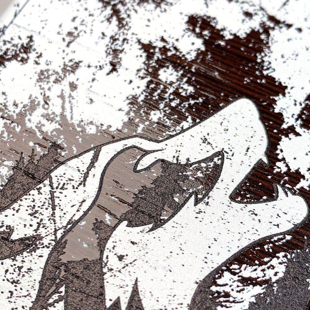 Zoomed in Detailed View of the Howling Wolf Wenge Wood iPhone 13 Mini Case by Keyway Designs