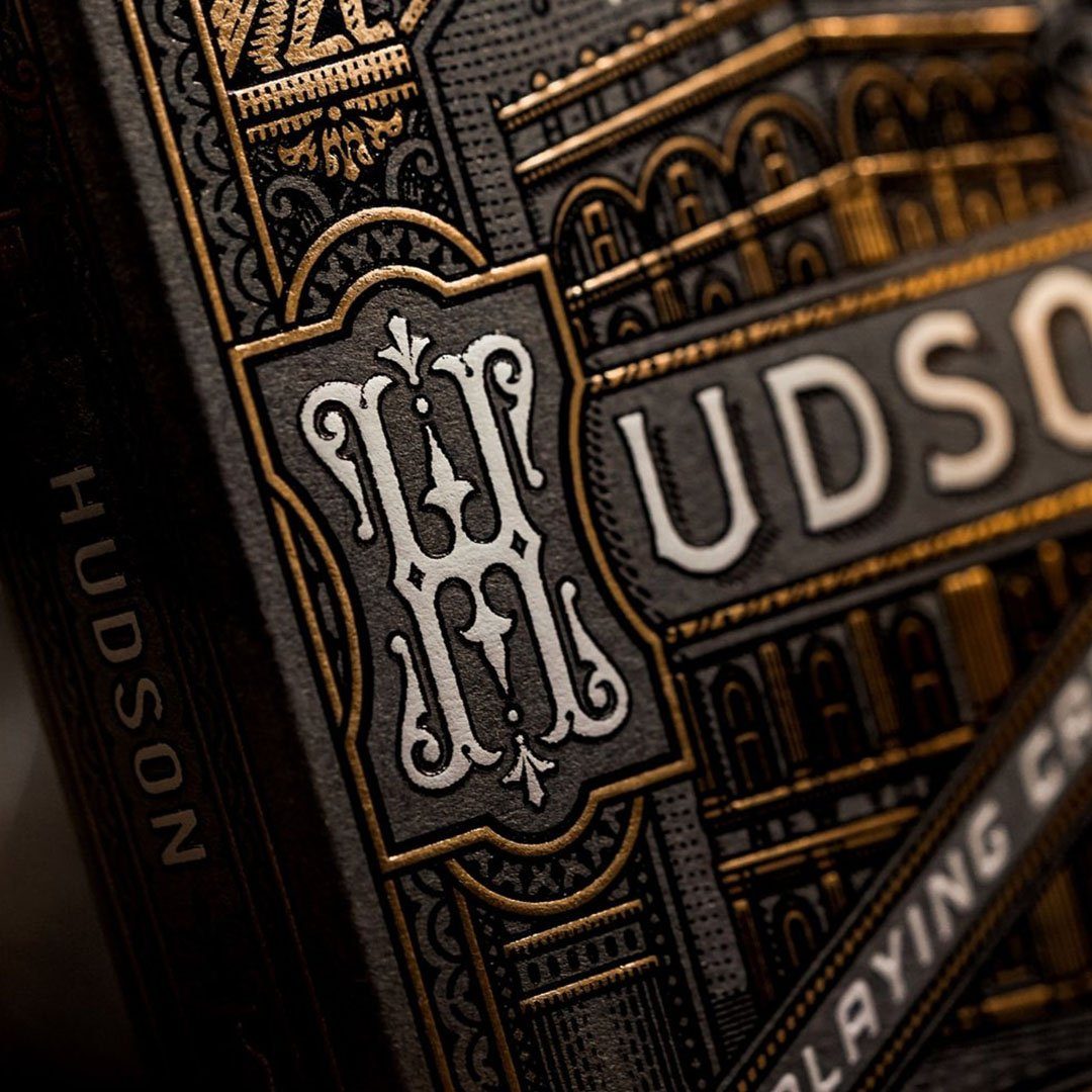 KEYWAY | Theory 11 - Black Hudson Premium Playing Cards showing details in printed and embossed flourishes