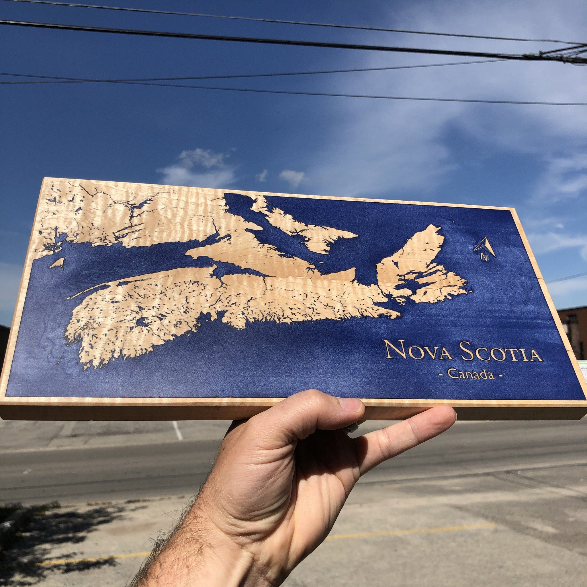 Laser Engraved Custom Coastline board of Nova Scotia on Curly Maple by Keyway Designs