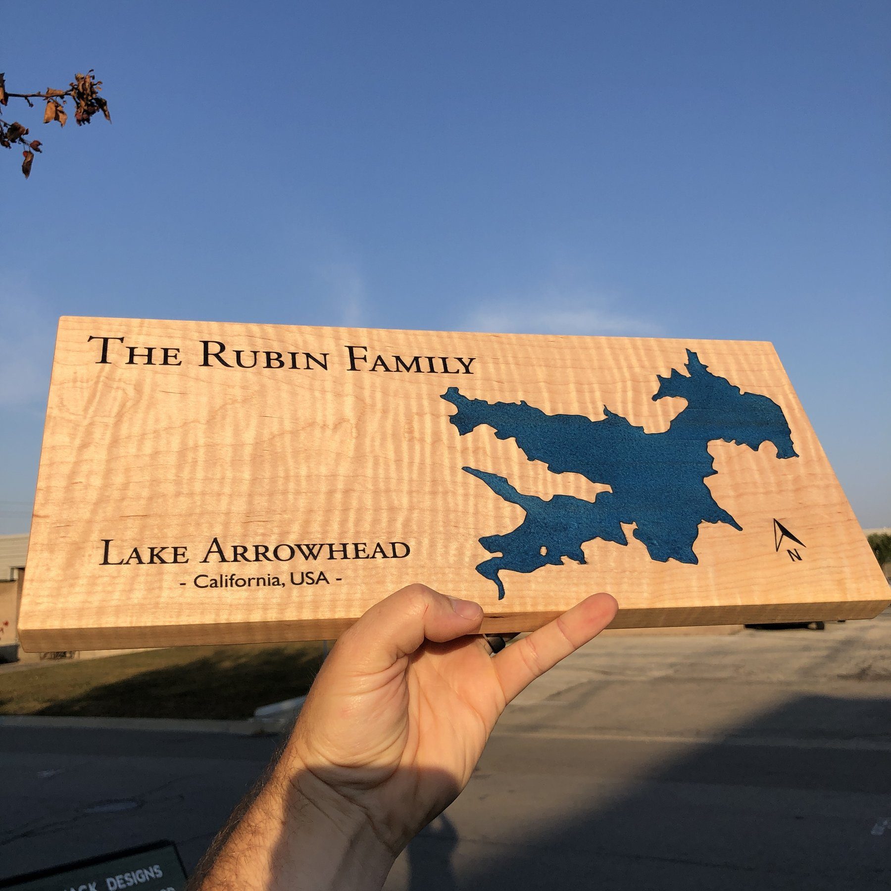 Lake Arrowhead on a custom Lake Sign using Blue Epoxy and Curly Maple by Keyway Designs