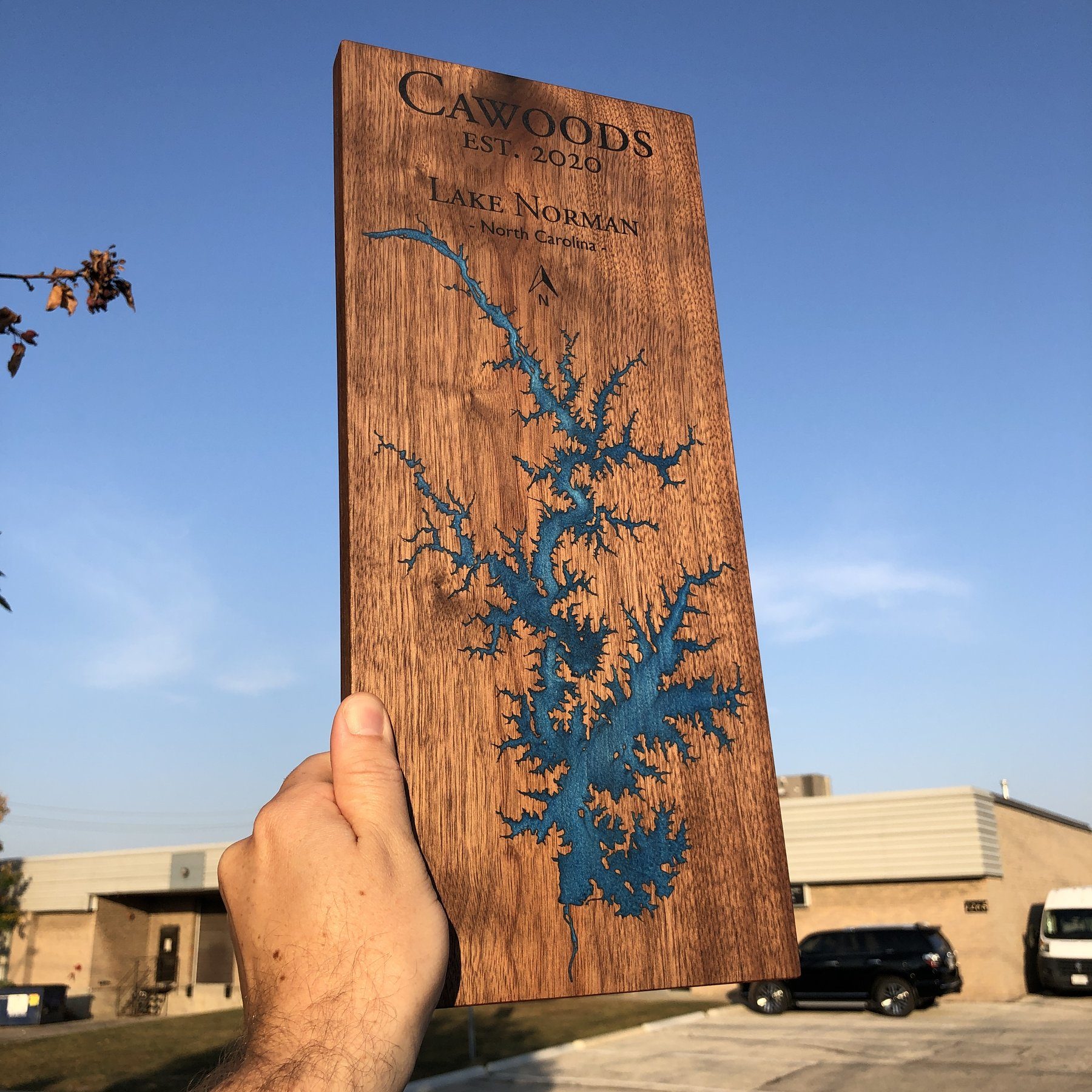 Detailed Laser Engraved Custom Lake Sign on Walnut with Blue Epoxy by Keyway Designs