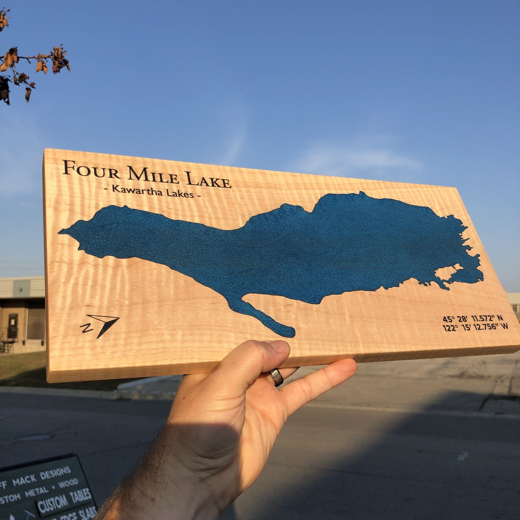 Kawartha Lakes Custom Lake Board with Blue Epoxy on Curly Maple by Keyway Designs
