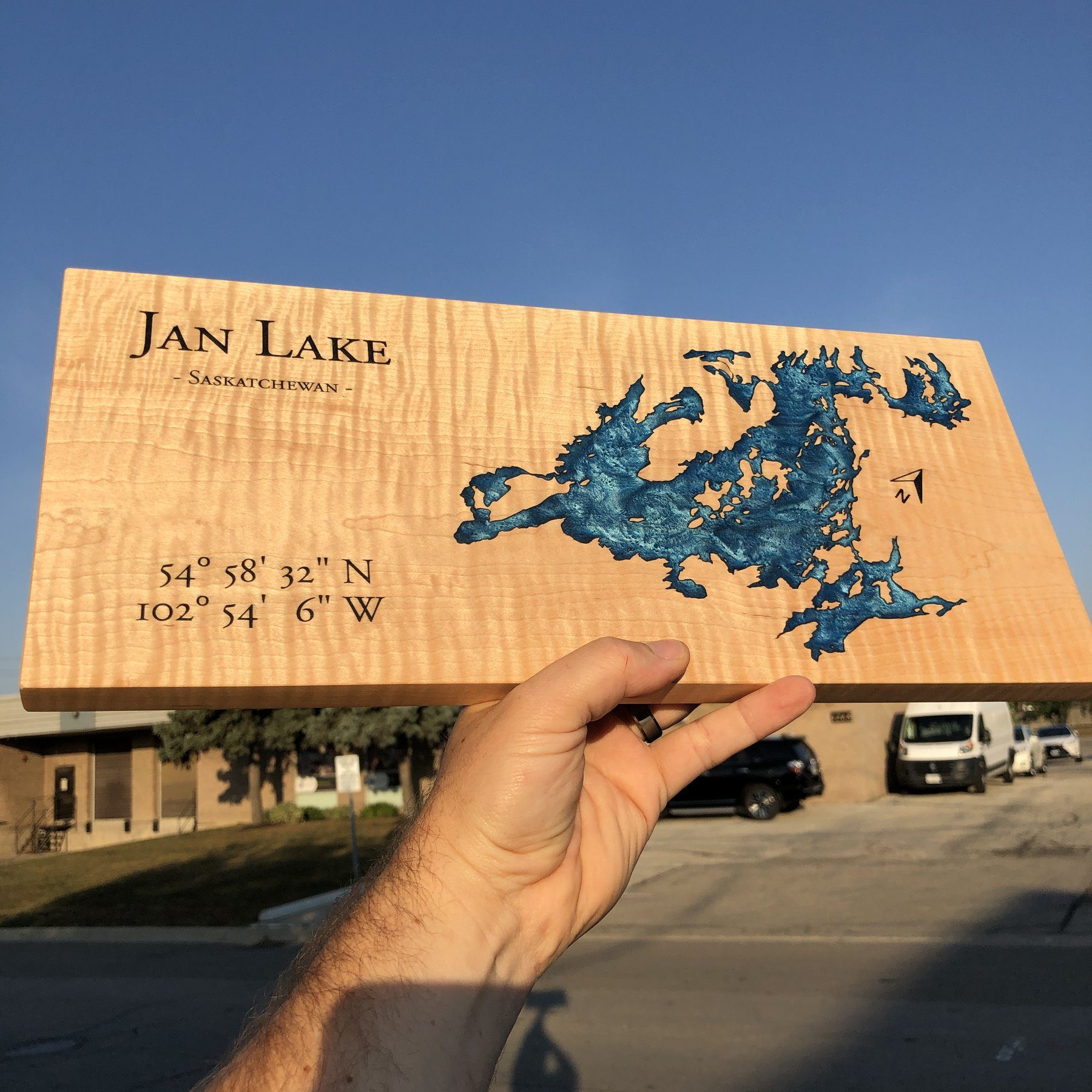 Custom Lake Sign featuring Jan Lake with Blue Epoxy on Curly Maple by Keyway Designs