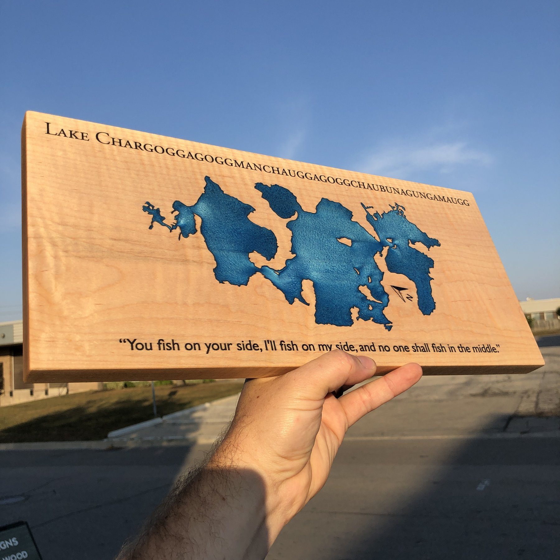 Longest Lake name in the Country on a custom Lake Sign using Curly Maple and Blue epoxy by Keyway Designs